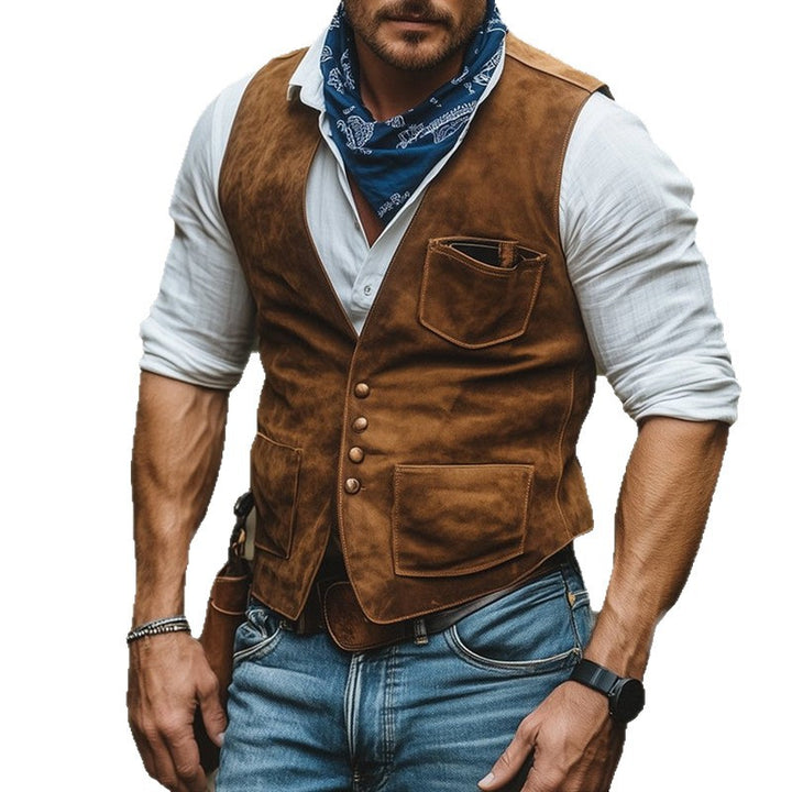 Herren Western-inspirierte Wildlederweste mit Knopfleiste und Utility-Taschen Drune