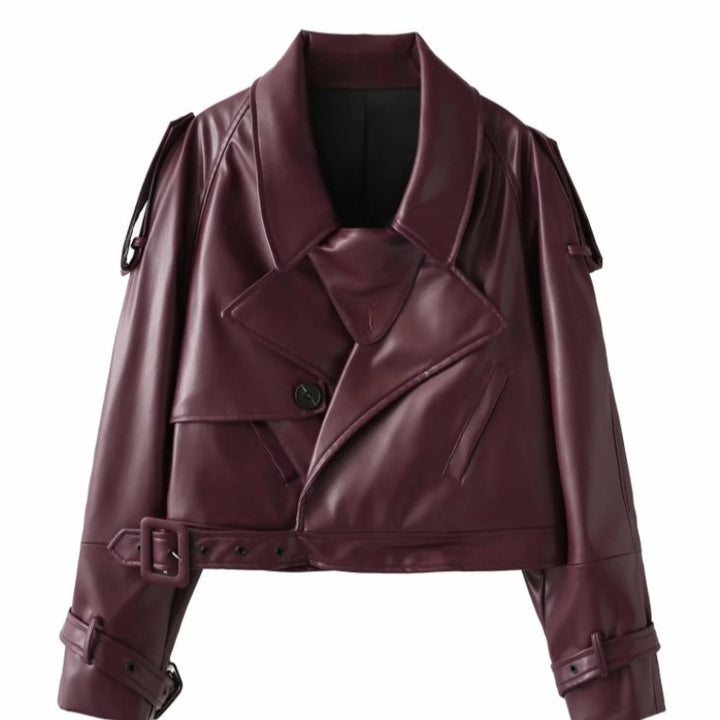 Damen Kunstleder Bikerjacke im modischem Cropped-Design mit taillierbarem Gürtel und dekorativen Knöpfen Drune