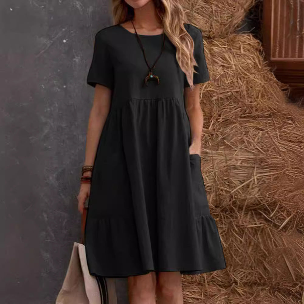 Damen Lockeres Baumwollkleid mit Taschen und Volant Drune