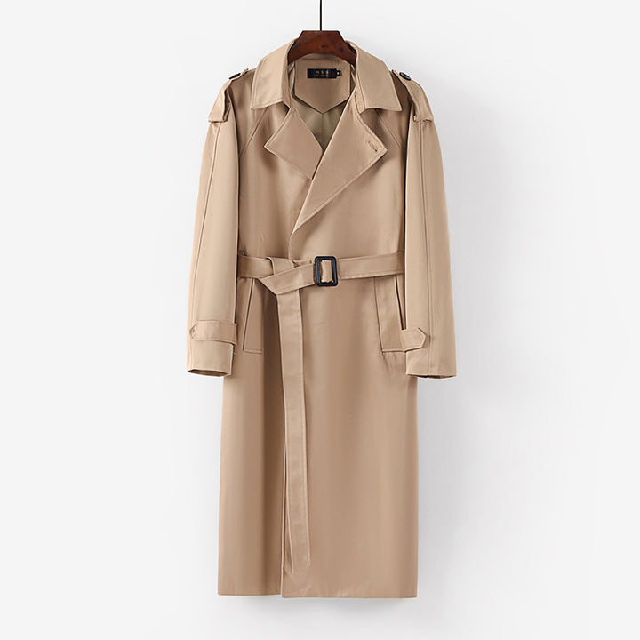Unisex Langer minimalistischer Trenchcoat mit Gürtel und Schulterklappen Drune