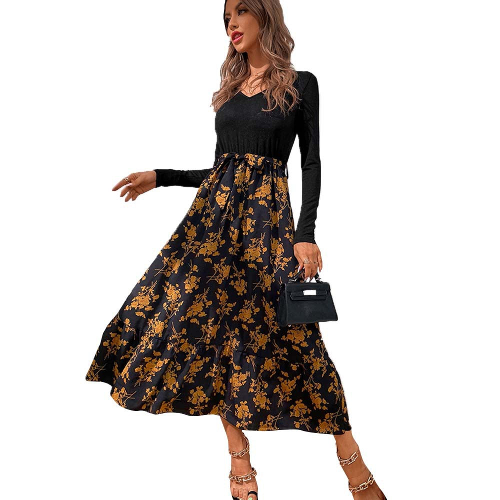 Damen figurbetontes V-Neck-Longsleeve Oberteil mit voluminösem Midi-Rock im floralem Wickelstil Drune