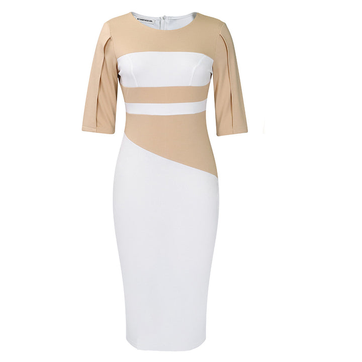 Damen figurbetontes Midi-Kleid mit asymmetrischen Farbschnitten und eleganten ¾-Ärmeln Drune