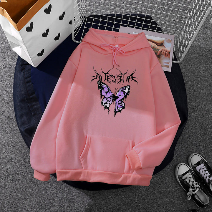Damen nan leichter Oversize Kapuzenpullover mit Herz‑EKG‑Motiv, langen Kordeln und elastischem Bund Drune