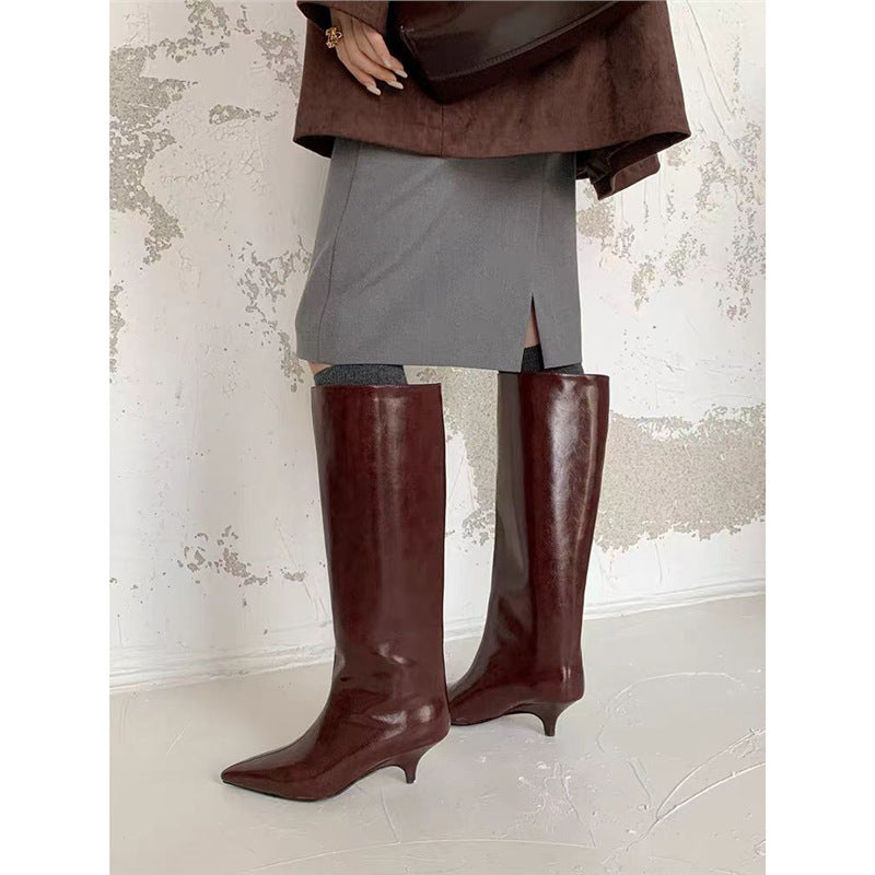 Damen Kniehohe Lackstiefel mit spitzer Zehenform und schlankem Kitten-Absatz Drune