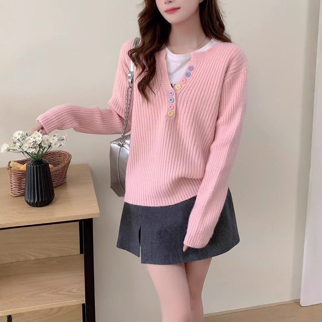Damen Kuschel-Pullover mit Knopfleiste und Rundhalsausschnitt Drune