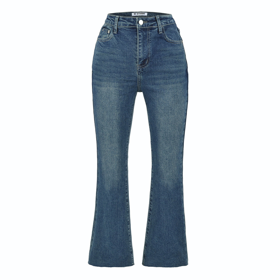 Damen Highwaist-Schlaghose aus Stretch-Denim mit fünf Taschen und rohem Saum Drune