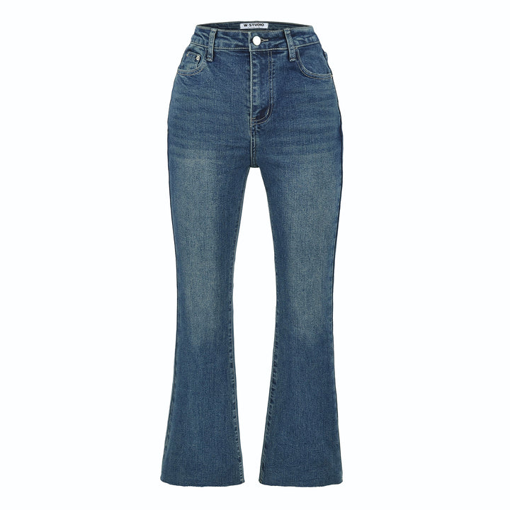 Damen Highwaist-Schlaghose aus Stretch-Denim mit fünf Taschen und rohem Saum Drune