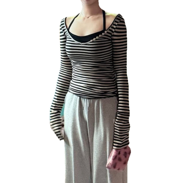 Damen nan gestreiftes Off-Shoulder-Langarmshirt mit diagonaler Zierknopfleiste und figurbetonter Silhouette Drune