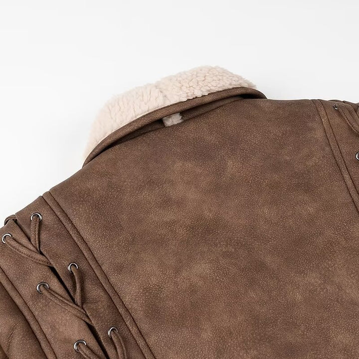 Damen Kurzjacke im Aviator‑Look mit Sherpa‑Futter, Bindegürtel und Schulter‑Schnürung Drune