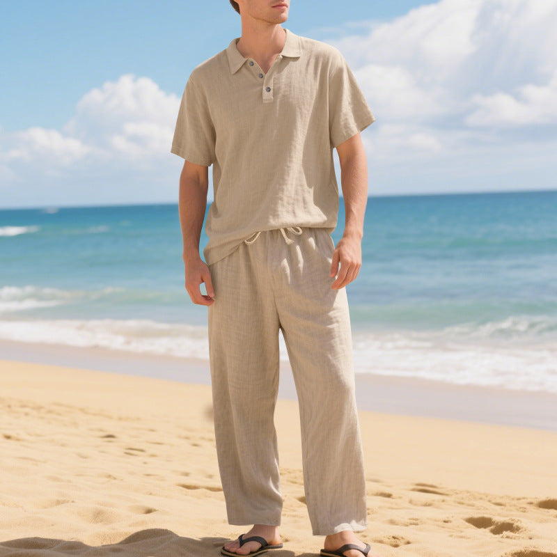 Herren nan luftiges Leinen-Ensemble mit Polokragen und regulierbarer Bundhose Drune