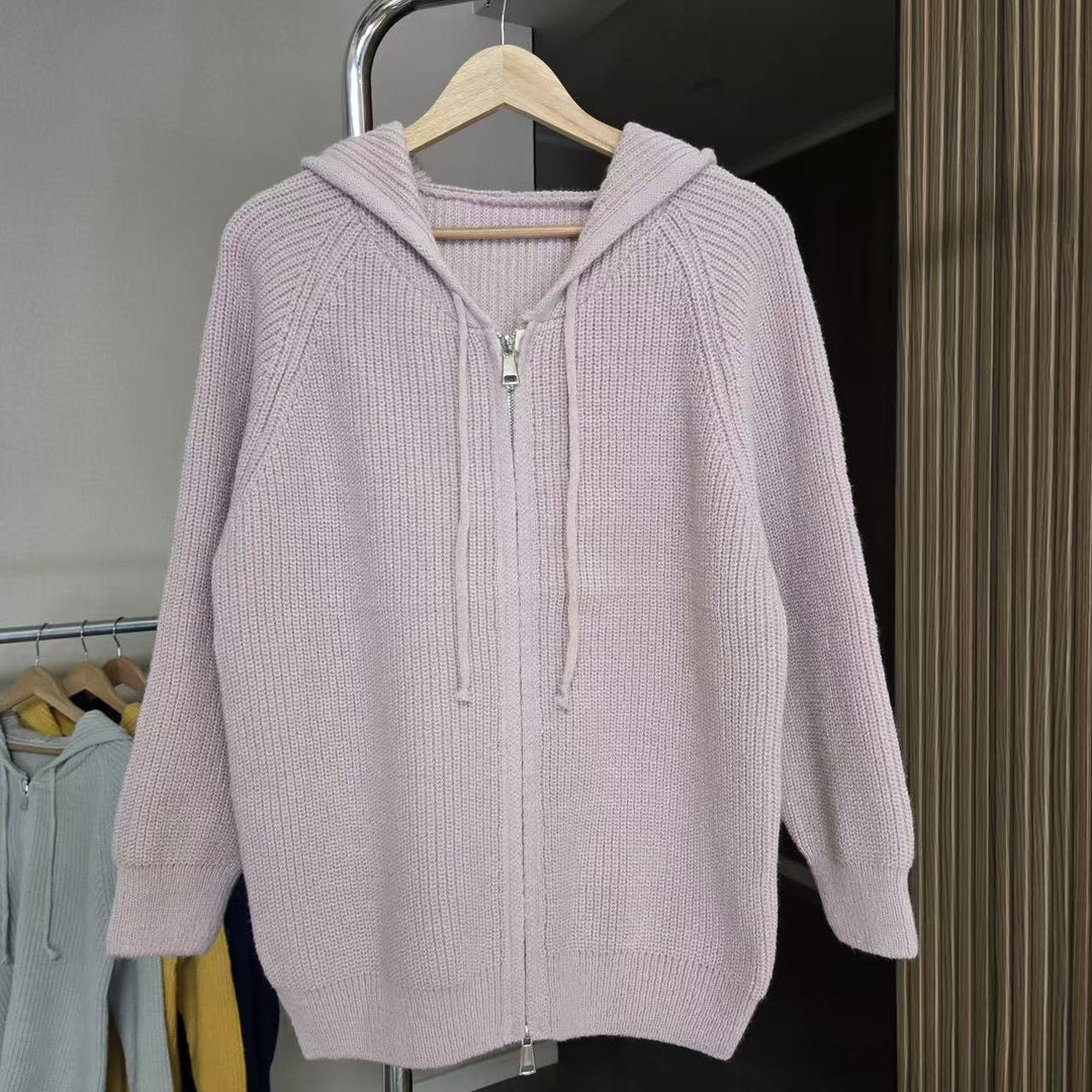 Damen gemütlicher Strick-Hoodie mit durchgehendem Reißverschluss und Kordelzug Drune