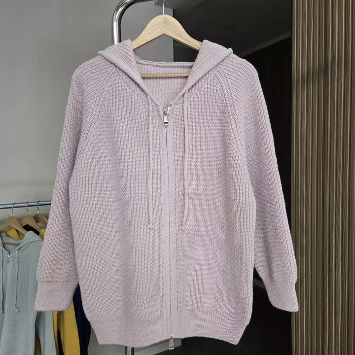 Damen gemütlicher Strick-Hoodie mit durchgehendem Reißverschluss und Kordelzug Drune