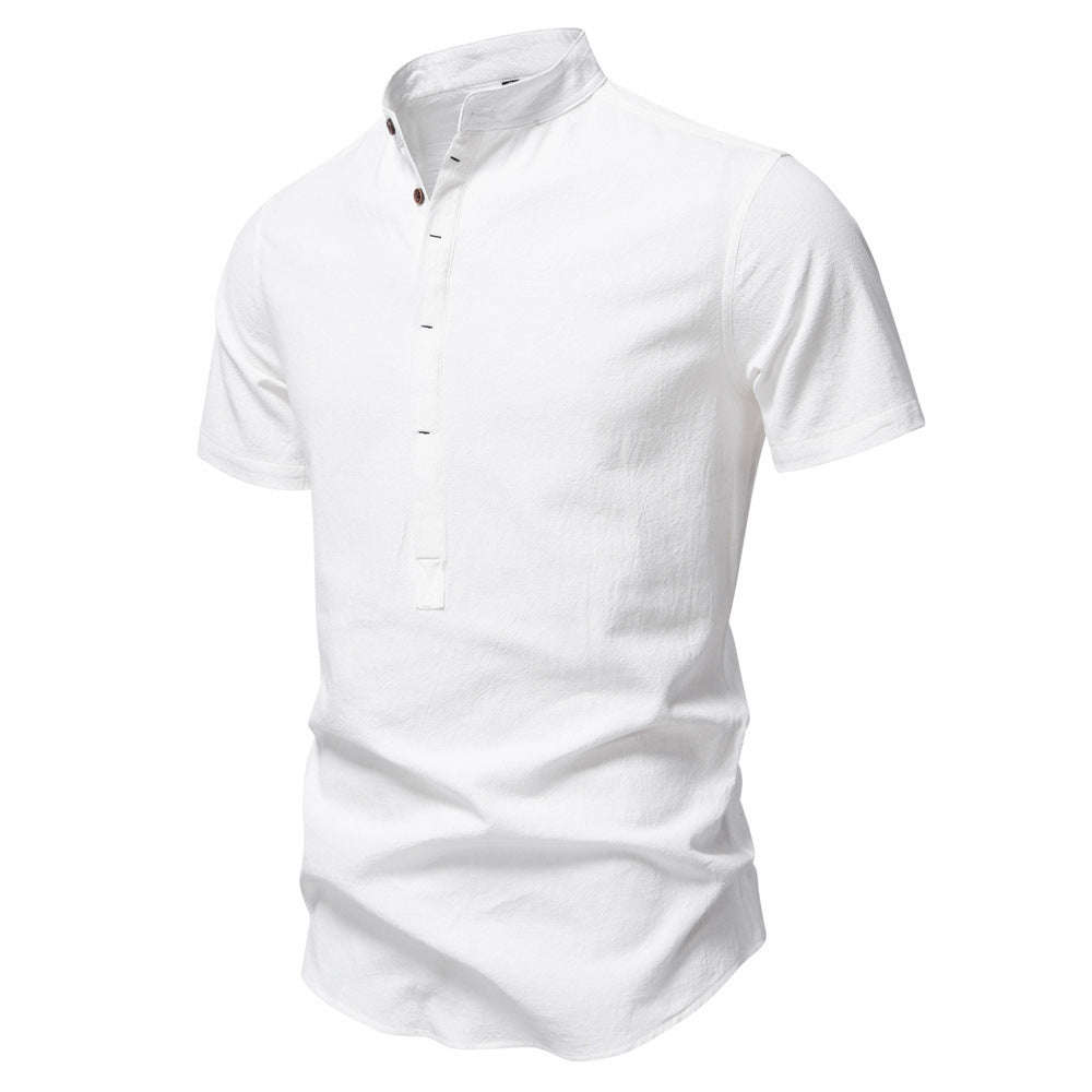 Herren nan lässiges Kurzarmshirt mit Stehkragen, halber Knopfleiste und leicht strukturierter Baumwoll-Leinen-Qualität Drune