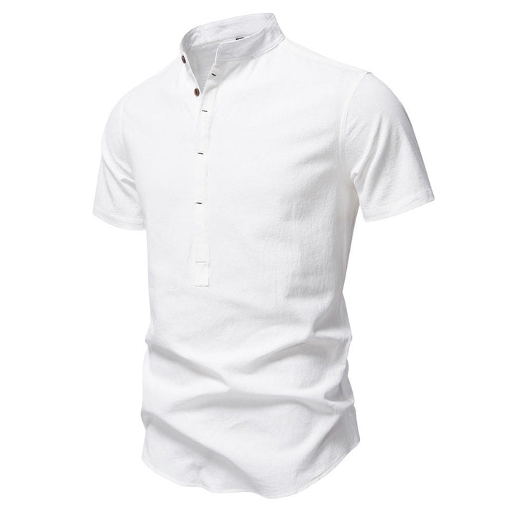 Herren nan lässiges Kurzarmshirt mit Stehkragen, halber Knopfleiste und leicht strukturierter Baumwoll-Leinen-Qualität Drune