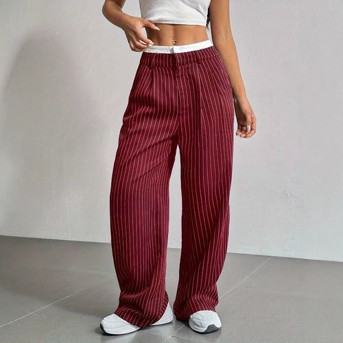 Damen Elegante Weite Hose mit Nadelstreifen und hohem Bund Drune