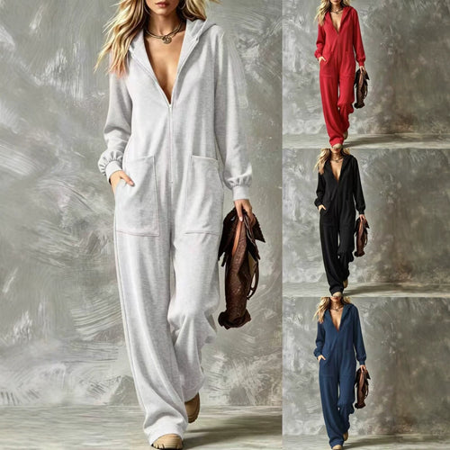 Damen Zip‑Hoodie‑Jumpsuit mit Kapuze, Kängurutaschen und weitem Bein Drune