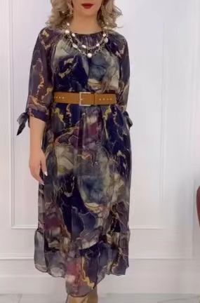 Damen Elegantes Chiffon Maxikleid mit floralen Akzenten, gestuftem Rock und 3/4-Ärmeln Drune