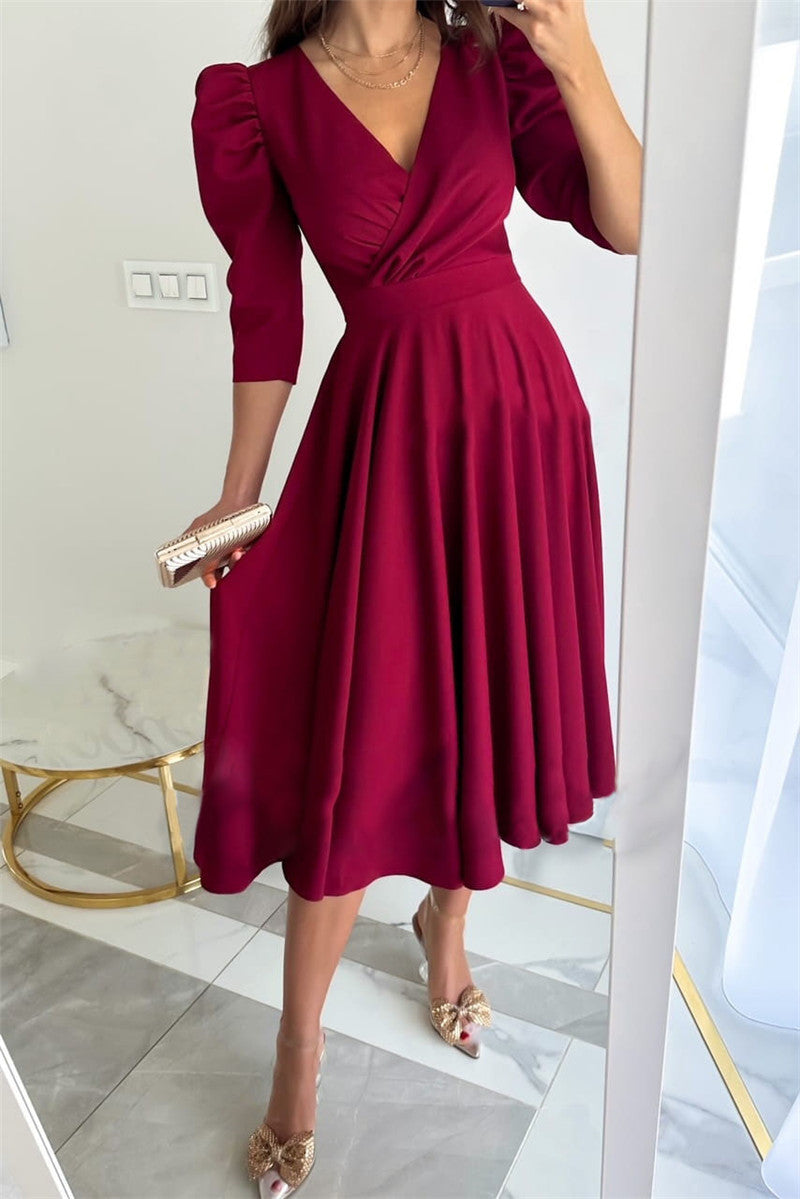 Damen Festliches A-Linien Kleid mit Puffärmeln und V-Ausschnitt Drune