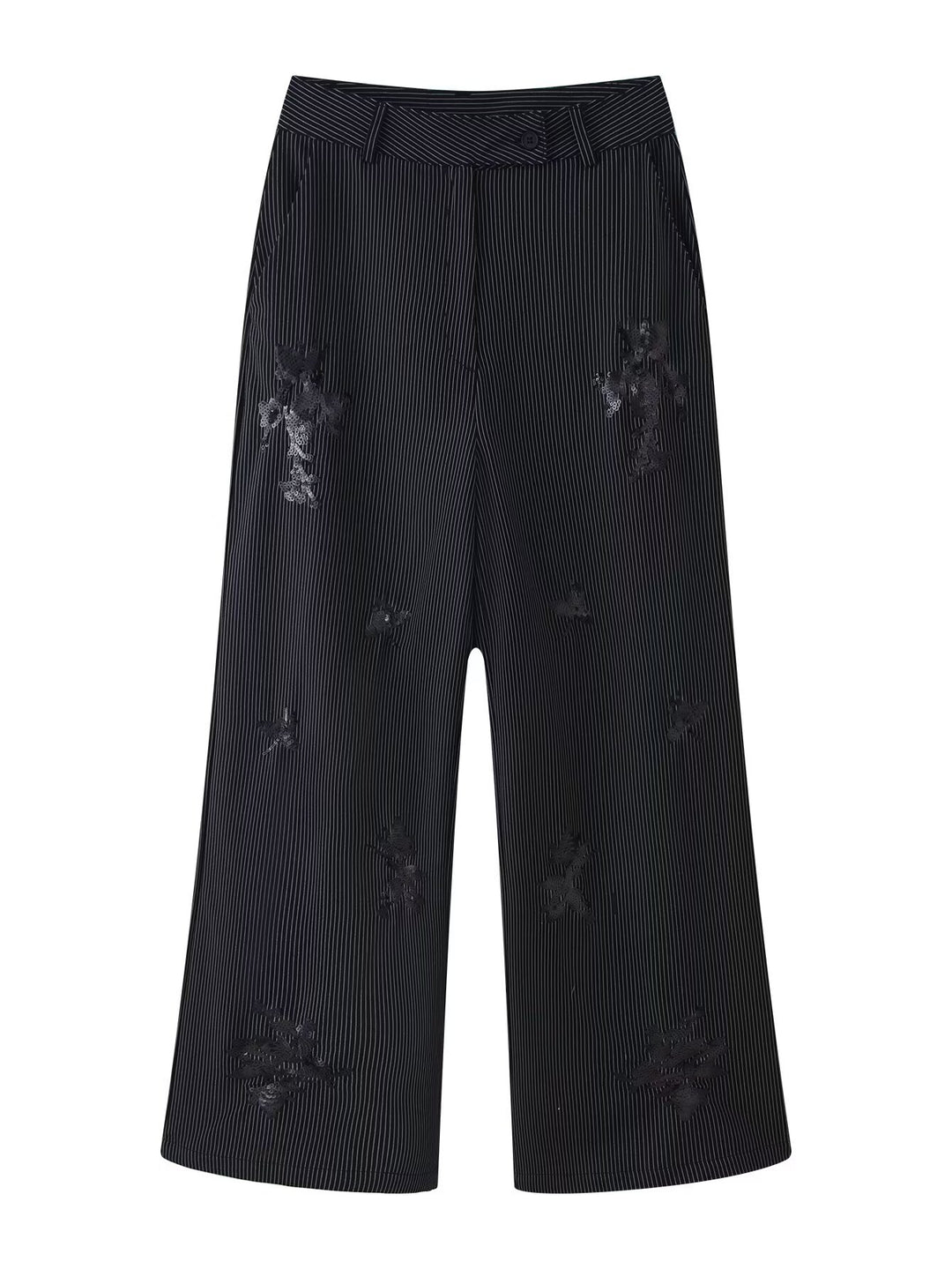 Damen Hochtaillierte weite Marlenehose mit Nadelstreifen und Paillettenstickerei Drune