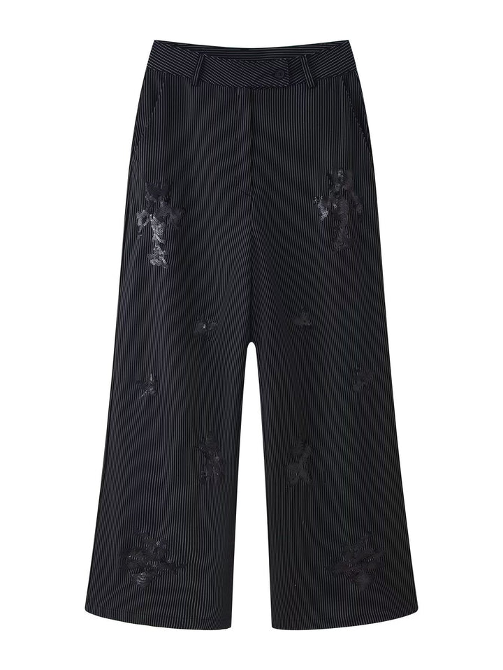 Damen Hochtaillierte weite Marlenehose mit Nadelstreifen und Paillettenstickerei Drune