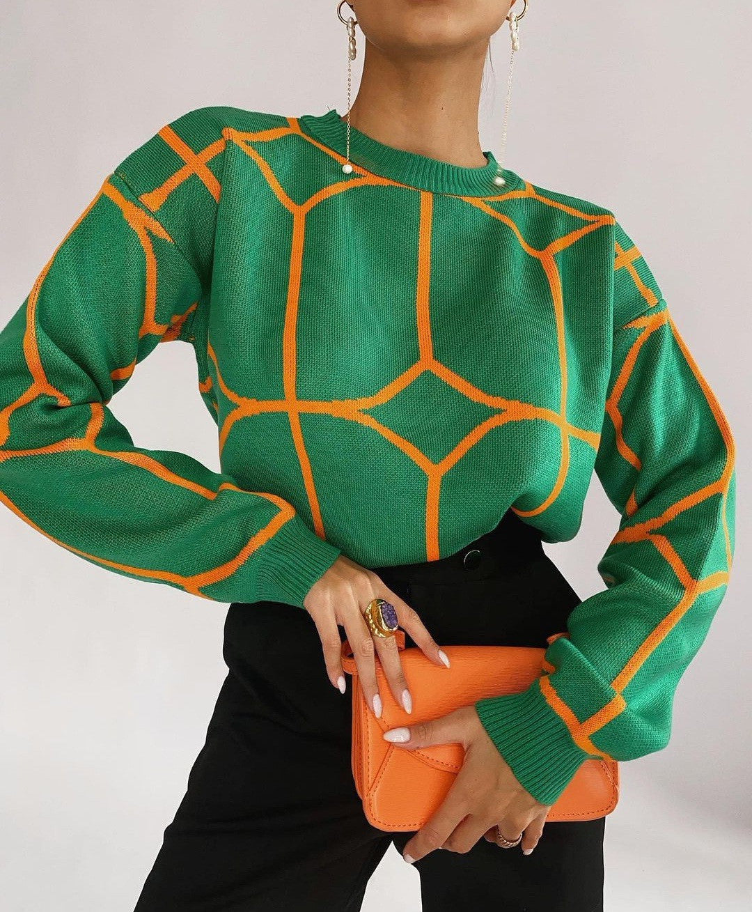 Damen Modischer Strickpullover mit grafischem Muster und lässigem Schnitt Drune