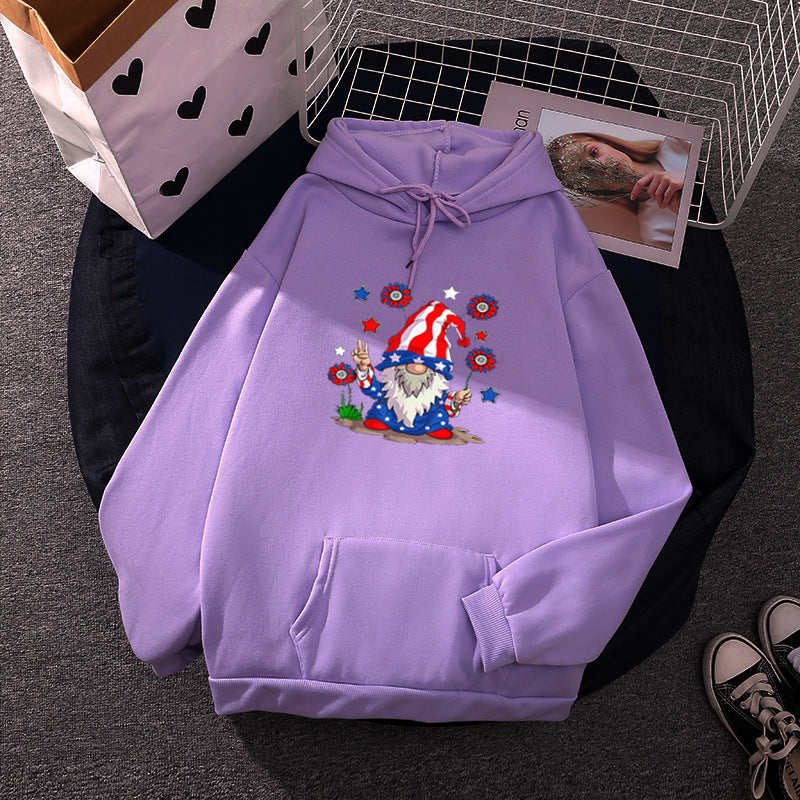 Damen nan Kapuzenpullover mit patriotischem Gartenzwerg-Print, angerautem Fleece-Innenfutter, Oversize-Schnitt und Kängurutasche Drune