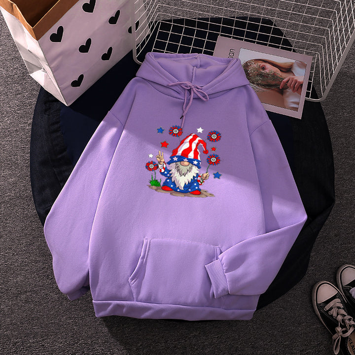 Damen nan Kapuzenpullover mit patriotischem Gartenzwerg-Print, angerautem Fleece-Innenfutter, Oversize-Schnitt und Kängurutasche Drune