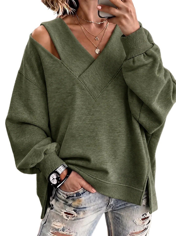 Damen Oversize-Sweatshirt mit V‑Ausschnitt und Cut-Out-Schulter Drune
