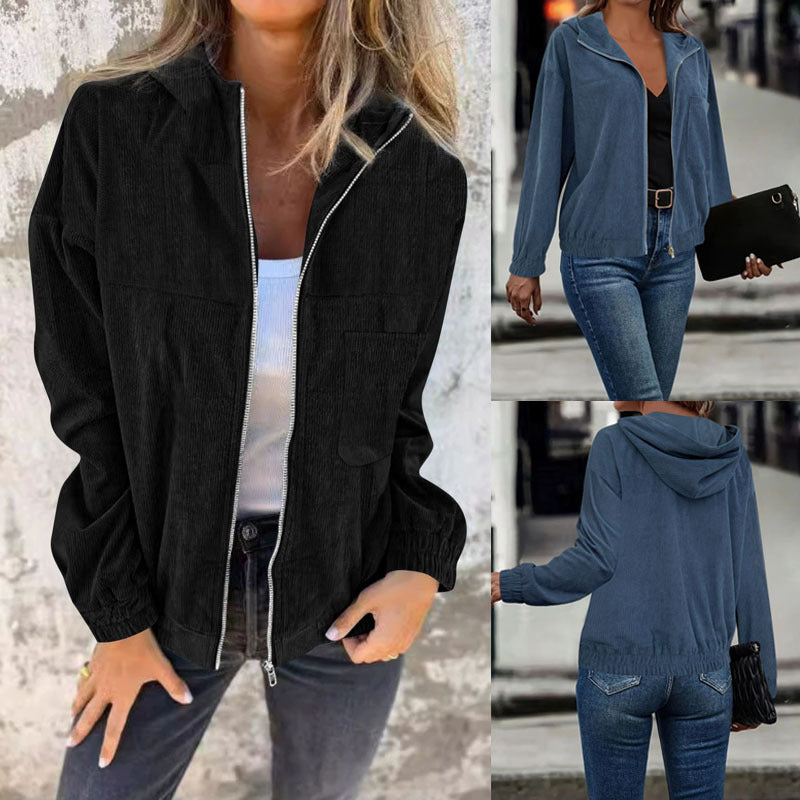 Damen Casual Cord-Hoodiejacke mit feiner Kordsamtstruktur, durchgehendem Reißverschluss und elastischem Saum Drune