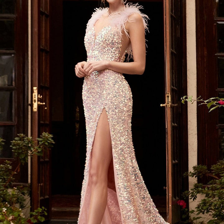 Damen Glamouröses Abendkleid mit Pailletten und Feder-Detail Drune
