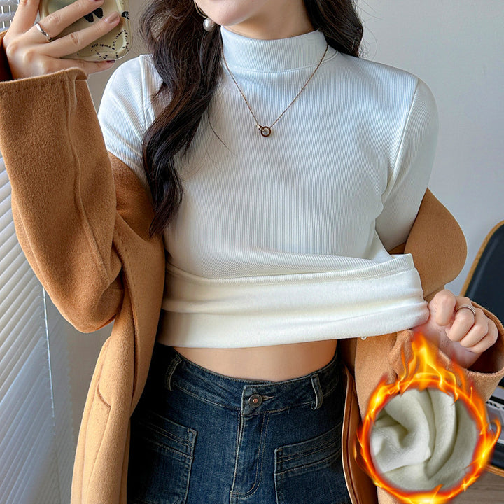 Damen Langarm-Cropped-Top mit hohem Kragen und Rippstruktur Drune