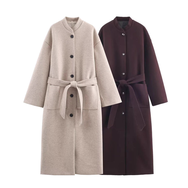 Damen Langer minimalistischer Wollmix-Kimono-Mantel mit Bindegürtel Drune