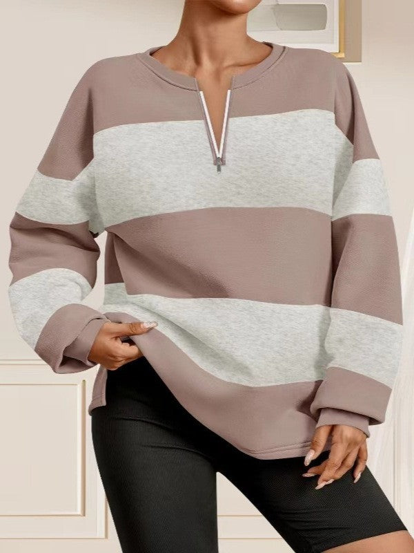 Damen Langarm Sweatshirt mit modernem Reißverschluss und gestreiftem Design Drune