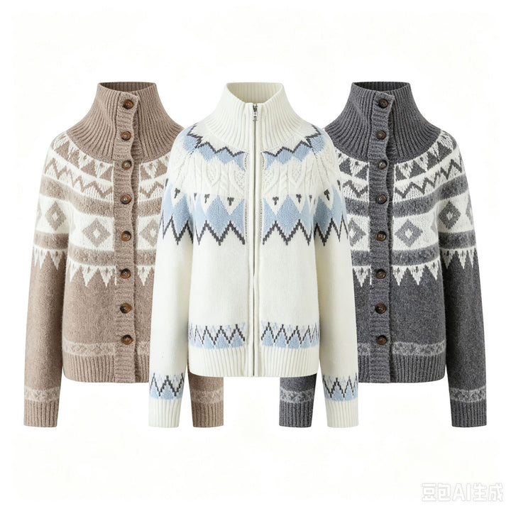 Damen Strickjacke mit durchgehendem Reißverschluss, Rippkragen und Norweger-Muster Drune