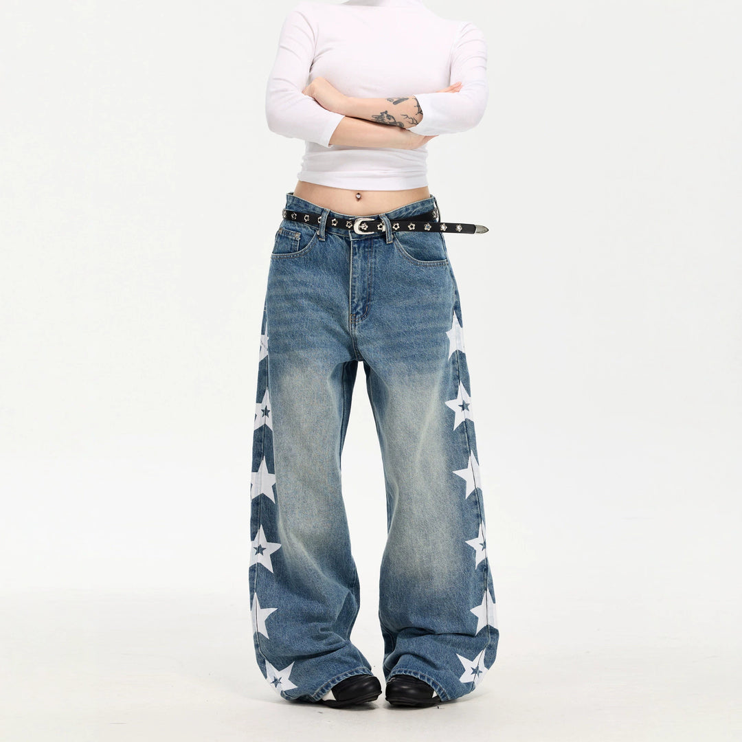 Damen Modische Weitgeschnittene Jeans mit Sternen-Design Drune