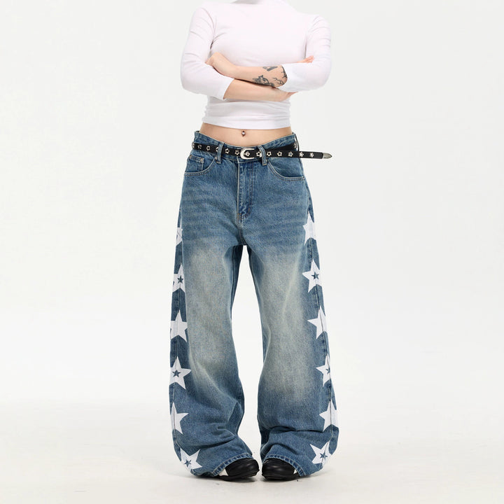Damen Modische Weitgeschnittene Jeans mit Sternen-Design Drune
