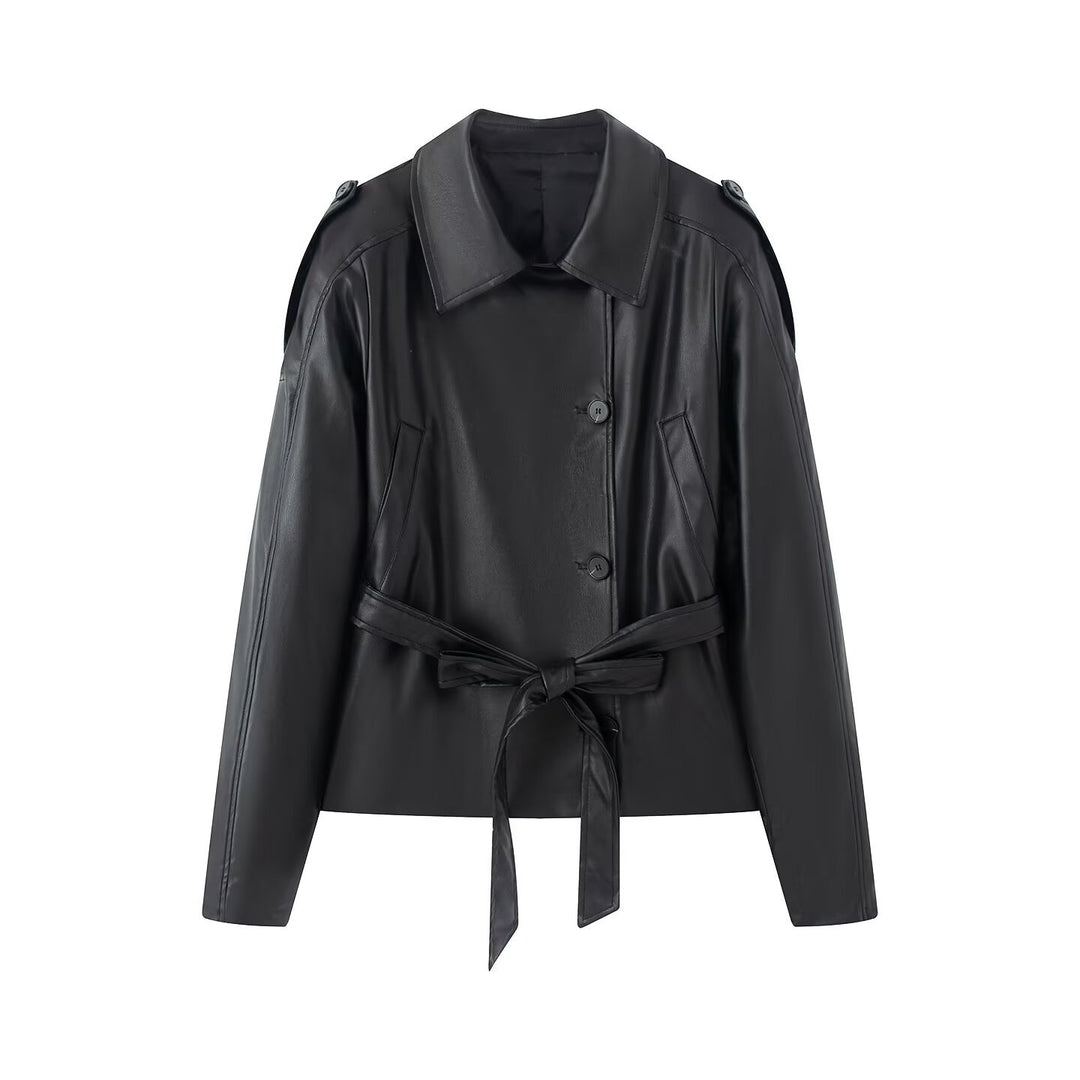 Damen kurze Kunstleder‑Trenchjacke mit Taillengürtel und Schultercape Drune