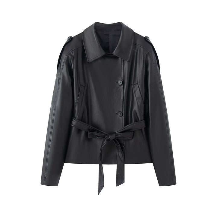 Damen kurze Kunstleder‑Trenchjacke mit Taillengürtel und Schultercape Drune