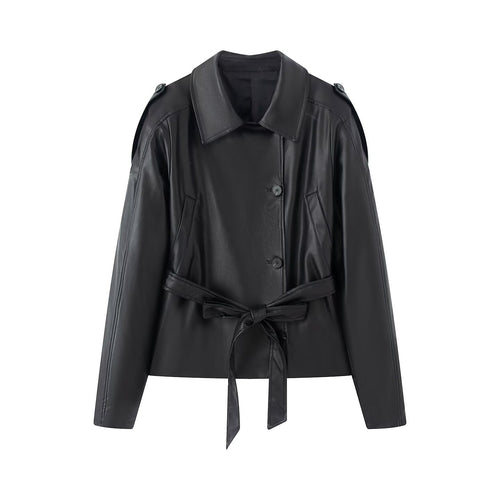 Damen kurze Kunstleder‑Trenchjacke mit Taillengürtel und Schultercape Drune