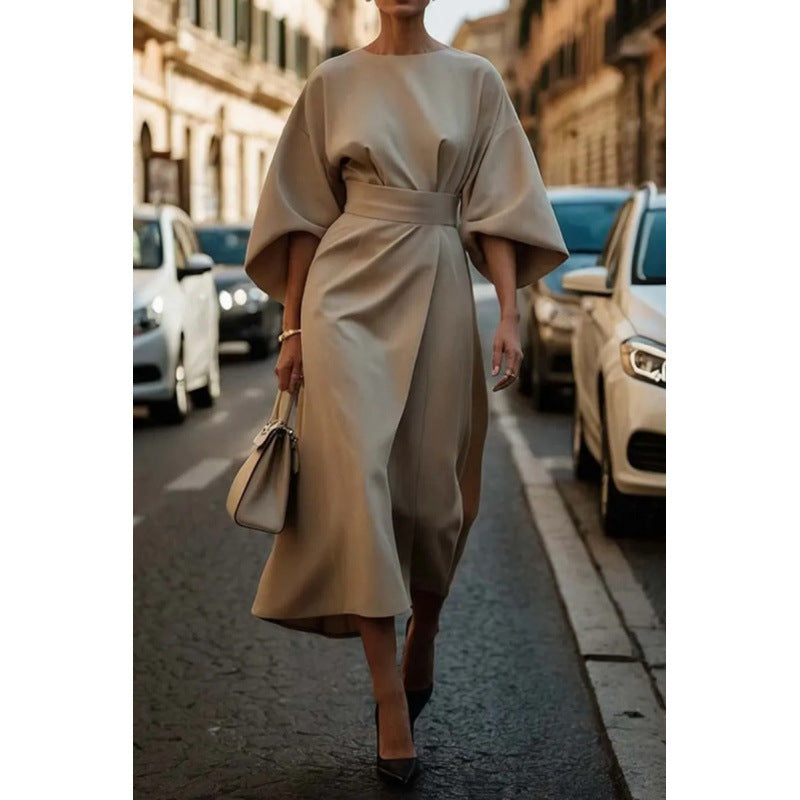 Damen Elegantes Midikleid mit weitem Kimonoärmel und tailliertem Wickelbund Drune