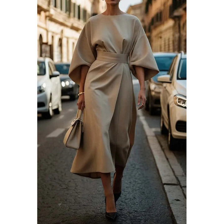 Damen Elegantes Midikleid mit weitem Kimonoärmel und tailliertem Wickelbund Drune