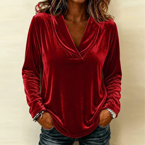 Damen Samt-Relaxshirt mit Schalkragen, V-Ausschnitt und legere Oversize-Passform Drune