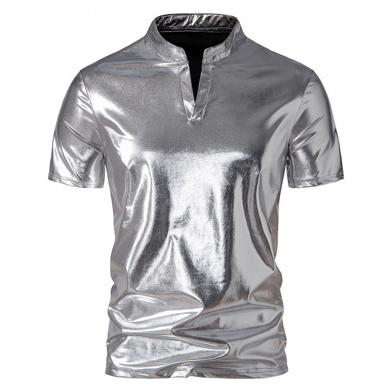 Herren modisches Metallic-T-Shirt mit hohem Kragen und kreativem Schnitt Drune