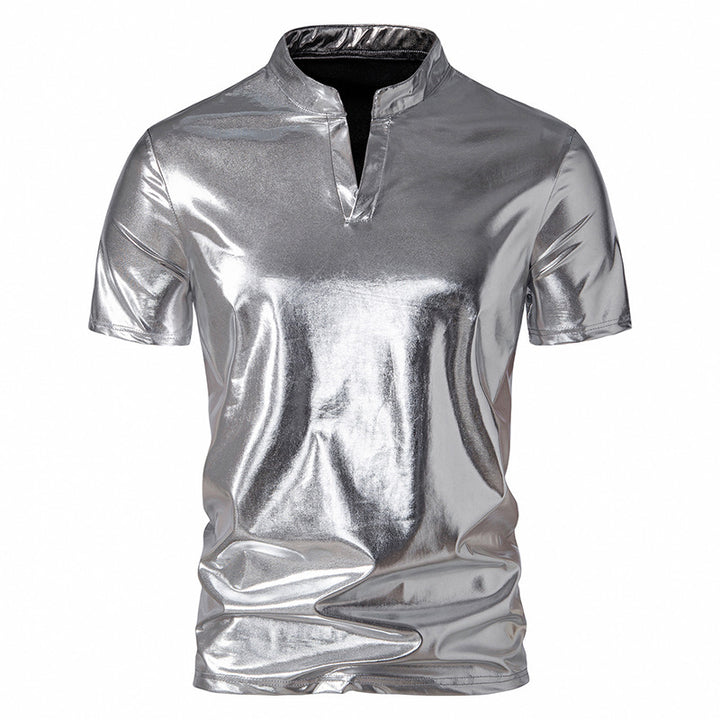 Herren modisches Metallic-T-Shirt mit hohem Kragen und kreativem Schnitt Drune