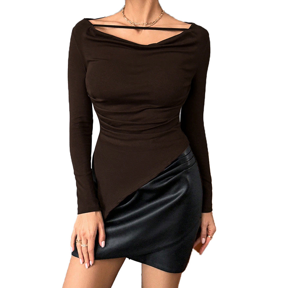 Damen asymmetrisches Langarm-Top mit Wasserfallausschnitt und feinem Schulterband Drune