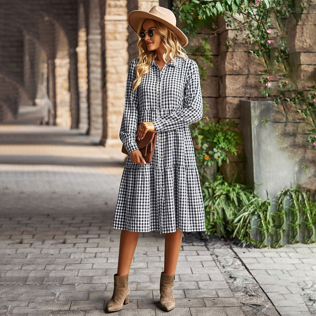 Damen karierte Midi-Bluse mit Knopfleiste und ausgestelltem Rock Drune