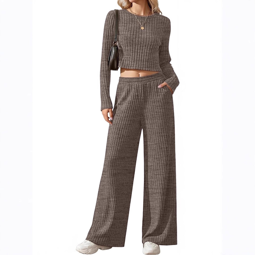 Damen Geripptes Feinstrick-Lounge-Set mit Cropped Langarmtop und High-Waist Palazzohose Drune