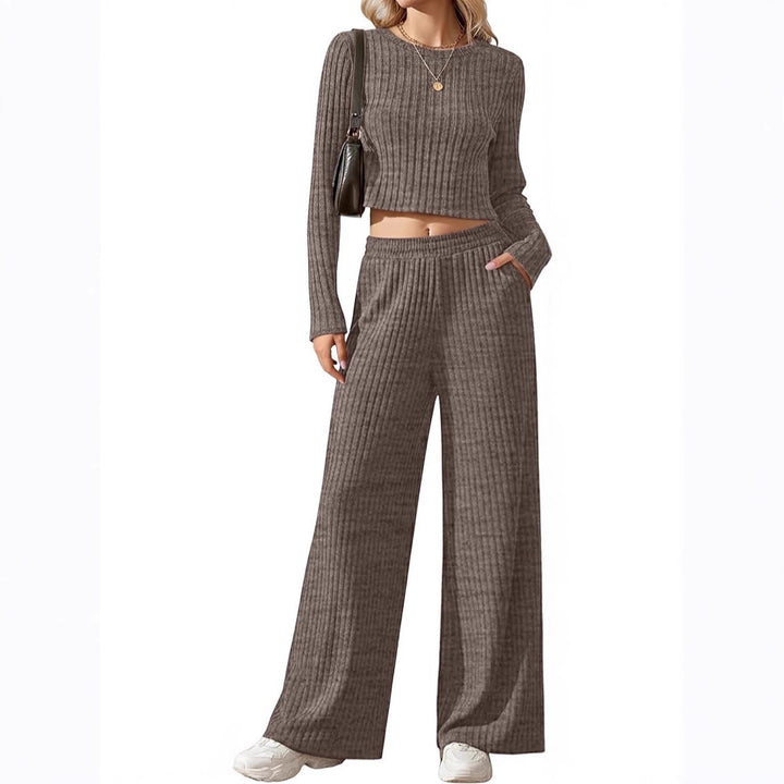 Damen Geripptes Feinstrick-Lounge-Set mit Cropped Langarmtop und High-Waist Palazzohose Drune