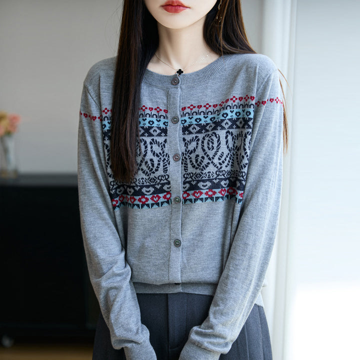 Damen Leichter Feinstrick-Cardigan mit nordischem Jacquardmuster und feiner Knopfleiste Drune