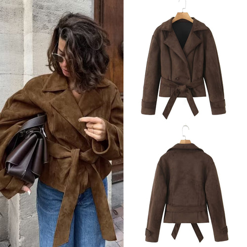 Damen Kurze Wildlederoptik-Jacke mit Taillengürtel und Reverskragen Drune